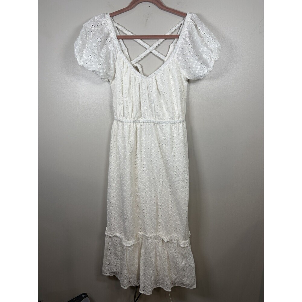 Lulus Embroidered Ruffle Midi Dress Size Medium White NWT Tiered Vacation